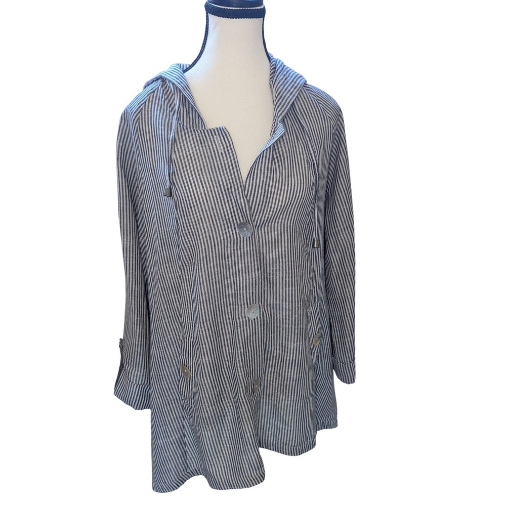 Jones‎ New York Striped Linen Blend Hooded A-Line Jacket Black White Medium